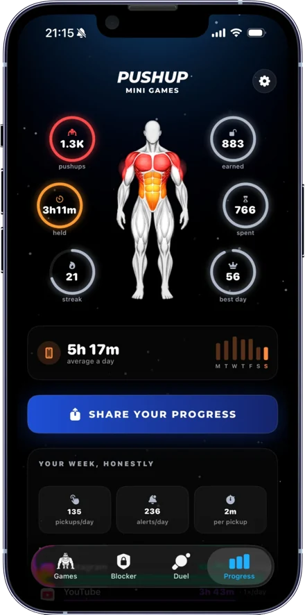 Progress tab with pushups, plank time, minutes and streak